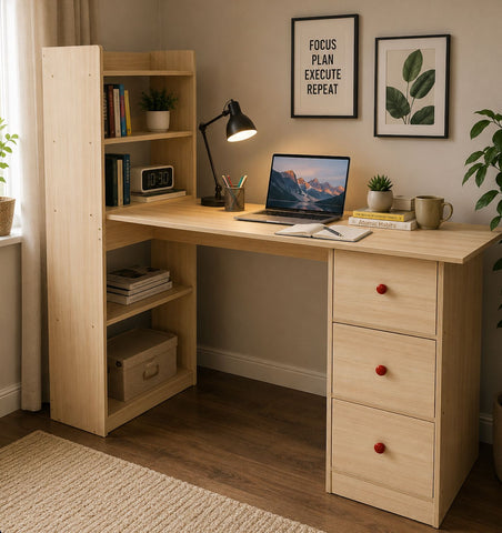 Kawachi Compact Computer Laptop Desk Study Table with 4 Shelves Storage 3 Drawers KW13