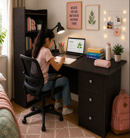 Kawachi Compact Computer Laptop Desk Study Table with 4 Shelves Storage 3 Drawers KW13 Wenge Brown