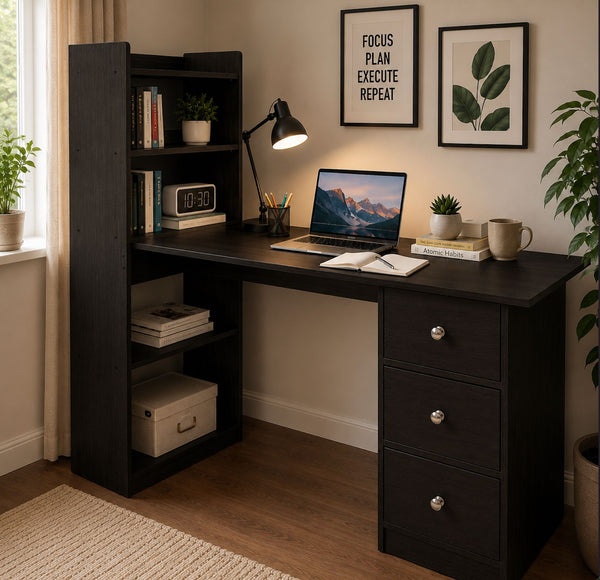 Kawachi Compact Computer Laptop Desk Study Table with 4 Shelves Storage 3 Drawers KW13 Wenge Brown