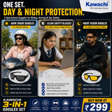 Kawachi Pack of 3 Outdoor Sports Night Vision Driving Yellow Black and White Transparent Goggle