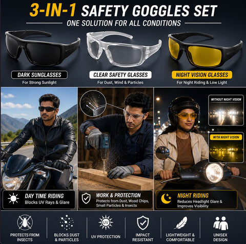 Kawachi Pack of 3 Outdoor Sports Night Vision Driving Yellow Black and White Transparent Goggle