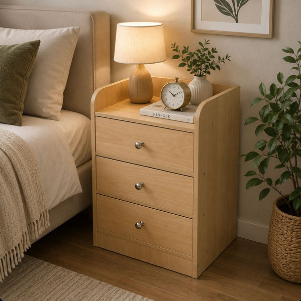 Kawachi Modern Home Bedroom Bedside Table Storage Cabinet with 3 Drawers Beige BD