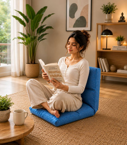 Kawachi Reclining Cushion Floor Chair for Living Room, Meditation Chair, Adjustable Back Rest with 5 Position Lock-in, Back Support, Maintain Posture While Sitting on Floor for Yoga/Pooja - Blue - KW122