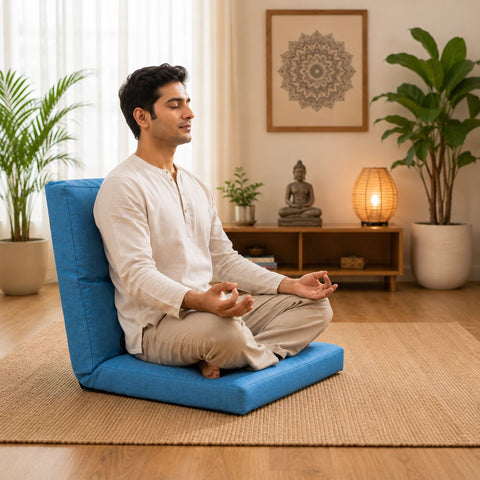 Kawachi Reclining Cushion Floor Chair for Living Room, Meditation Chair, Adjustable Back Rest with 5 Position Lock-in, Back Support, Maintain Posture While Sitting on Floor for Yoga/Pooja - Blue - KW122