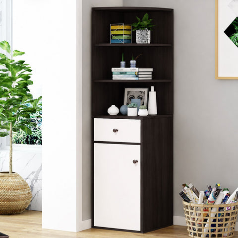 Kawachi Wooden Multipurpose Corner Wall Decor Cabinet Bookshelf Rack With Drawer Storage K559-Wenge Black-WD