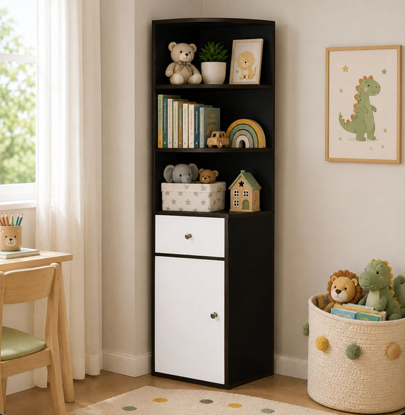 Kawachi Wooden Multipurpose Corner Wall Decor Cabinet Bookshelf Rack With Drawer Storage K559-Wenge Black-WD