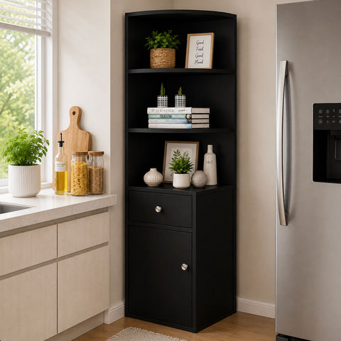 Kawachi Wooden Multipurpose Corner Wall Decor Cabinet Bookshelf Rack With Drawer Storage K559-Brown