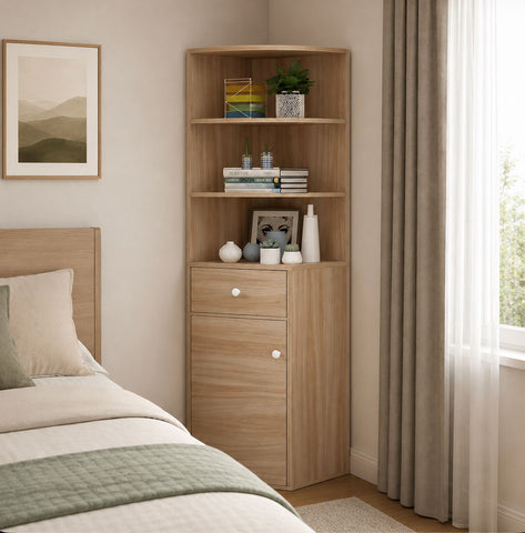 Kawachi Wooden Multipurpose Corner Wall Decor Cabinet Bookshelf Rack With Drawer Storage K559-Beige