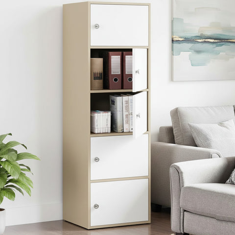 Kawachi Wooden Cabinet - 5 Tier Storage Cabinet for Living Room with Magnetic Door, Space Saving Book Self for Home, Engineered Wood Kitchen Crockery Unit ( KW139-Beige-WD )