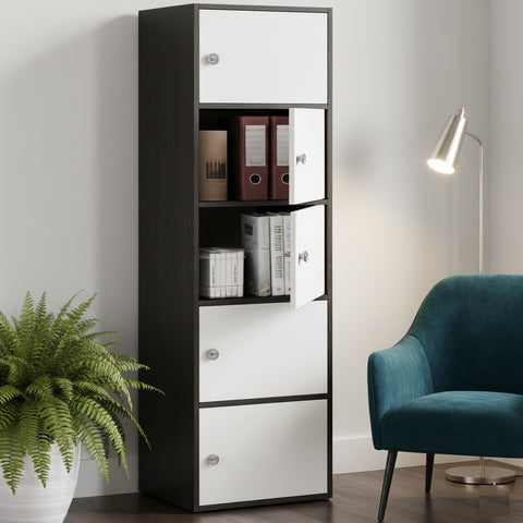 Kawachi Wooden Cabinet 5 Tier Storage Unit for Living Room & Kitchen, Engineered Wood Space Saving Bookshelf with Magnetic Door, Crockery & Display Cabinet for Home & Office, KW139-Wenge Black-WD (38 x 38.5 x 165.5 cm)