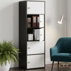 Kawachi Wooden Cabinet 5 Tier Storage Unit for Living Room & Kitchen, Engineered Wood Space Saving Bookshelf with Magnetic Door, Crockery & Display Cabinet for Home & Office, KW139-Wenge Black-WD (38 x 38.5 x 165.5 cm)