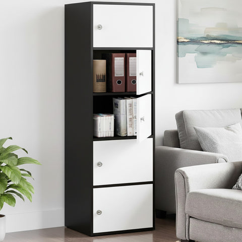 Kawachi Wooden Cabinet 5 Tier Storage Unit for Living Room & Kitchen, Engineered Wood Space Saving Bookshelf with Magnetic Door, Crockery & Display Cabinet for Home & Office, KW139-Wenge Black-WD (38 x 38.5 x 165.5 cm)