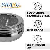 Bharu 2L Stainless Steel Belly Shape Masala (Spice) Box/Organiser With See Through Lid With 7 Containers And Small Spoon