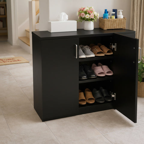 Kawachi 3-Tier Engineered Wood Shoe Rack with Door, Multi-Layer Storage Organizer Cabinet, 60x33x60 cm -KW142-Wenge Black