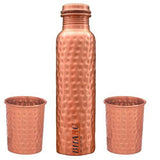 Bharu Hammered Copper Bottle 950 ml & 2 pcs Hammered Copper Glass