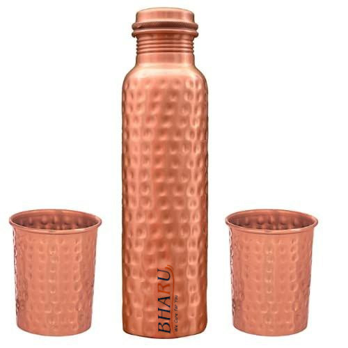 Bharu Hammered Copper Bottle 750 ml & 2 pcs Hammered Copper Glass