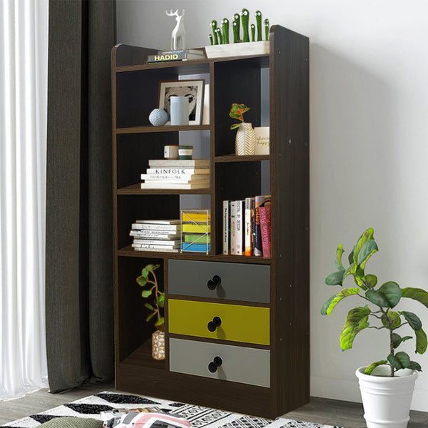 Kawachi Wooden Bookshelf Almirah Organiser with Open Storage and Drawers for Home Office KW14