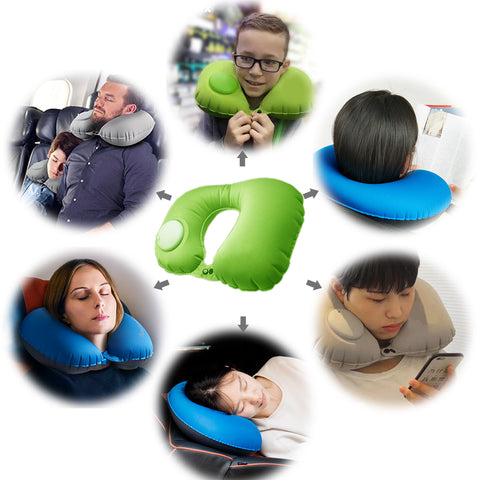 Kawachi U-Shaped push press automatic inflatable aeroplane/train sleeping Travel Neck Pillow K496-Green
