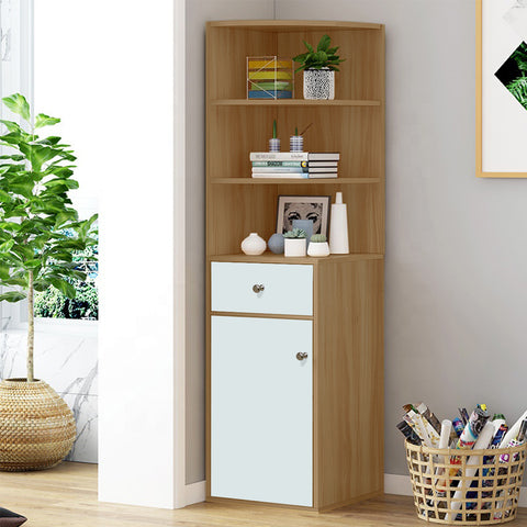 Kawachi Wooden Multipurpose Corner Wall Decor Cabinet Bookshelf Rack With Drawer Storage K559-White
