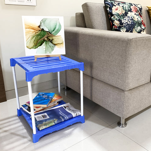 Kawachi Plastic Sofa Side End Table Storage Rack for Home, Living Room Blue