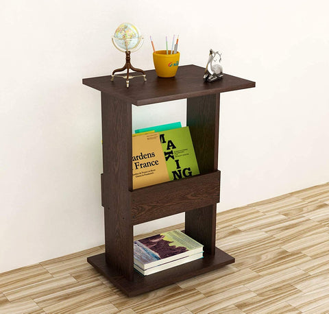 Kawachi Engineered Wood Bedside Corner Table Sofa Side End Table with Display Book, Magazine Book Shelf for Living Room Bedroom Office Brown