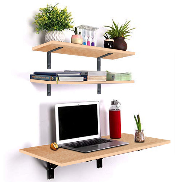 Kawachi Folding Wall Mount Laptop Study Table Desk Adjustable Floating Display 2 Shelf Stand Rack for Living Room Office with Two Shelves Beige