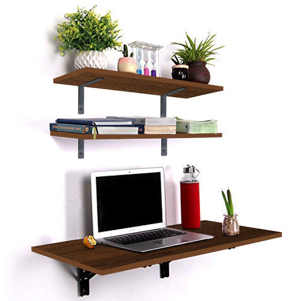 Kawachi Folding Wall Mount Laptop Study Table Desk Adjustable Floating Display 2 Shelf Stand Rack for Living Room Office with Two Shelves Brown