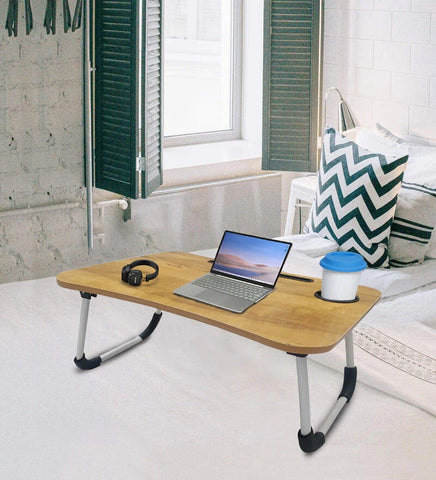 Kawachi Folding Laptop Table with Cup, Phone and Pen Holder Writing Study, Bed Tray TableKW40 Rustic Beige